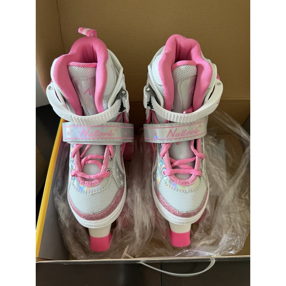 Nattork Adjustable Girls Roller Skates Pink Teal Kids Quad Skates NEW in Box